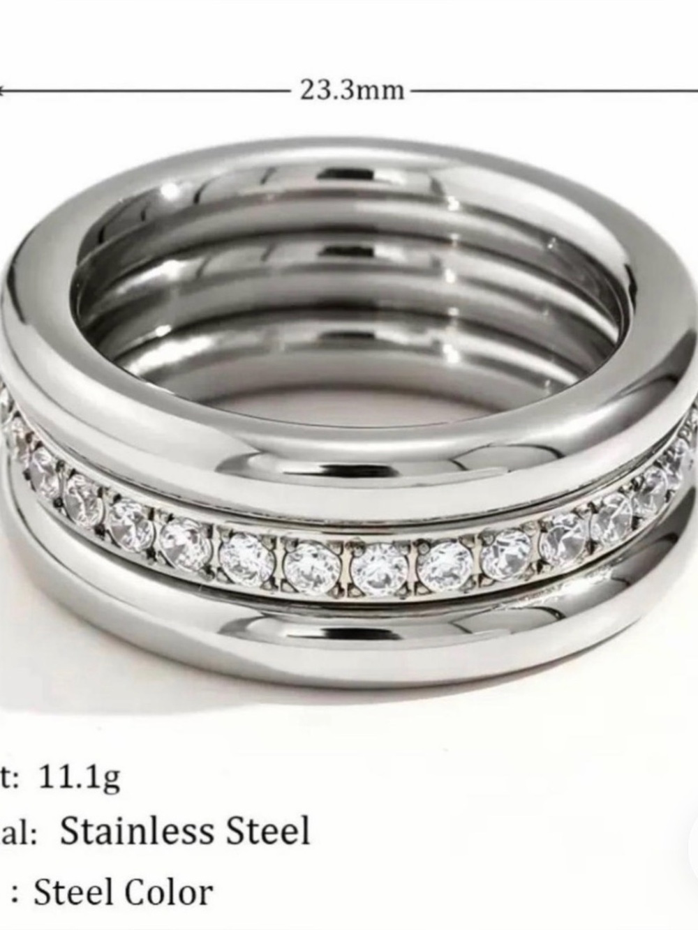 Stainless Steel Silver Ring with Crystal Band